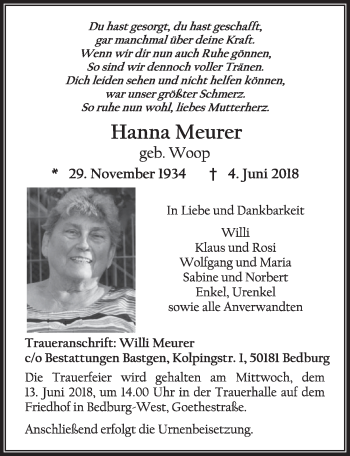 Anzeige von Hanna Meurer von  Sonntags-Post 