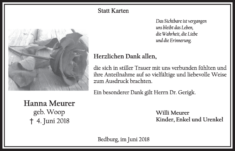  Traueranzeige für Hanna Meurer vom 23.06.2018 aus  Sonntags-Post 