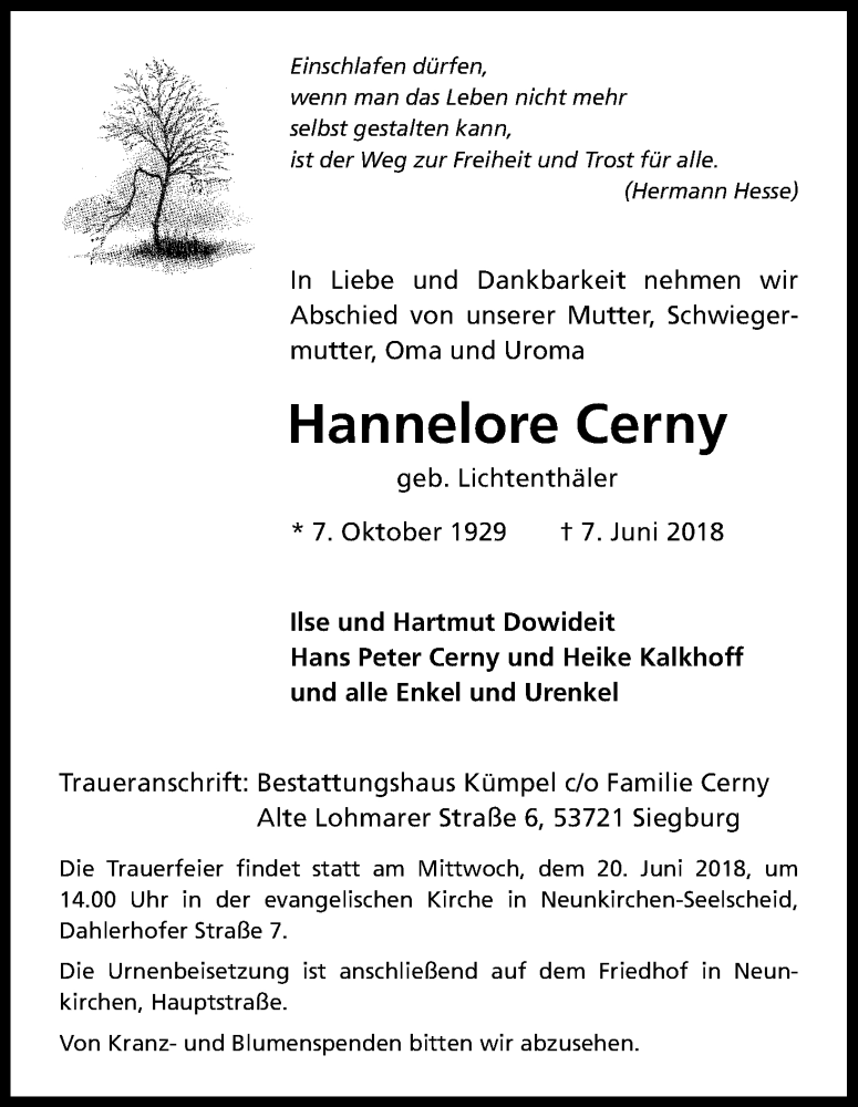  Traueranzeige für Hannelore Cerny vom 13.06.2018 aus Kölner Stadt-Anzeiger / Kölnische Rundschau / Express