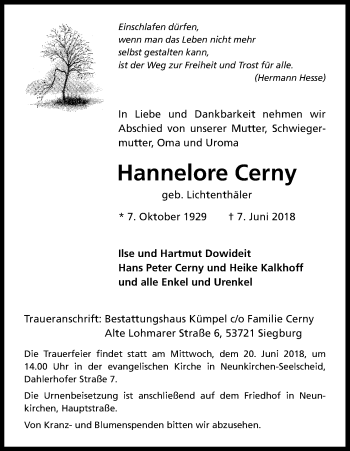 Anzeige von Hannelore Cerny von Kölner Stadt-Anzeiger / Kölnische Rundschau / Express