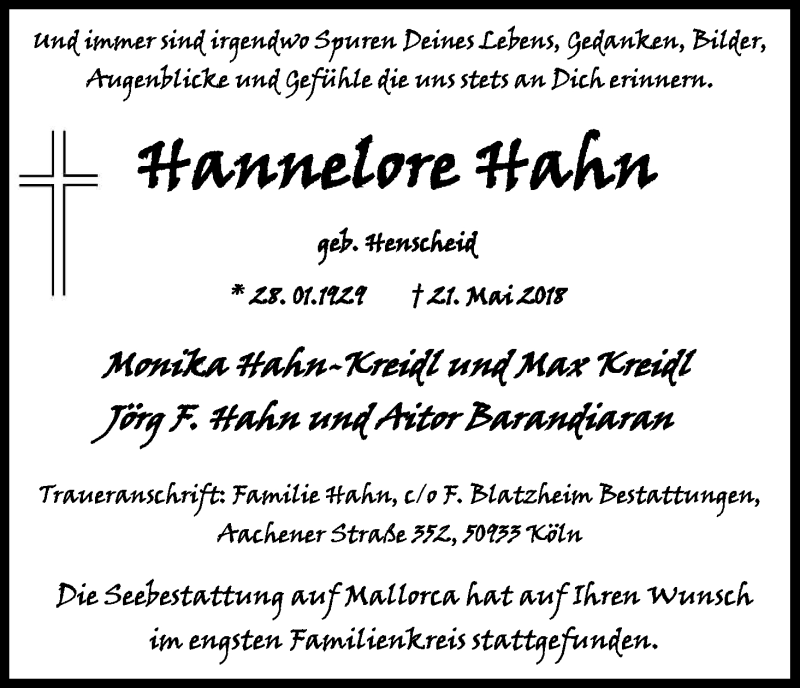  Traueranzeige für Hannelore Hahn vom 23.06.2018 aus Kölner Stadt-Anzeiger / Kölnische Rundschau / Express