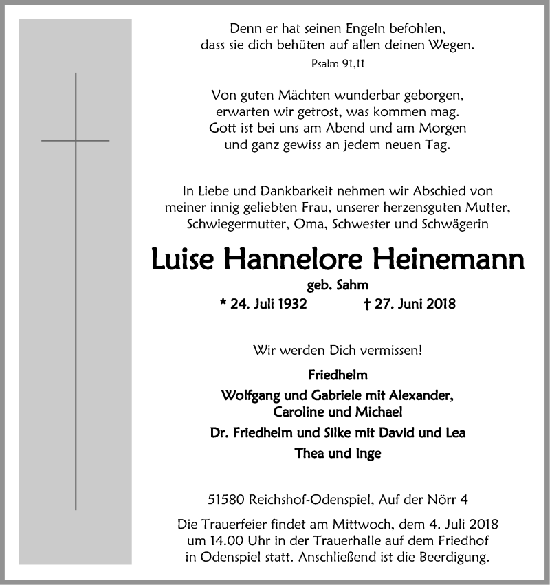  Traueranzeige für Hannelore Heinemann vom 30.06.2018 aus Kölner Stadt-Anzeiger / Kölnische Rundschau / Express