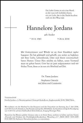 Anzeige von Hannelore Jordans von Kölner Stadt-Anzeiger / Kölnische Rundschau / Express