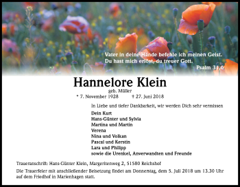Anzeige von Hannelore Klein von Kölner Stadt-Anzeiger / Kölnische Rundschau / Express
