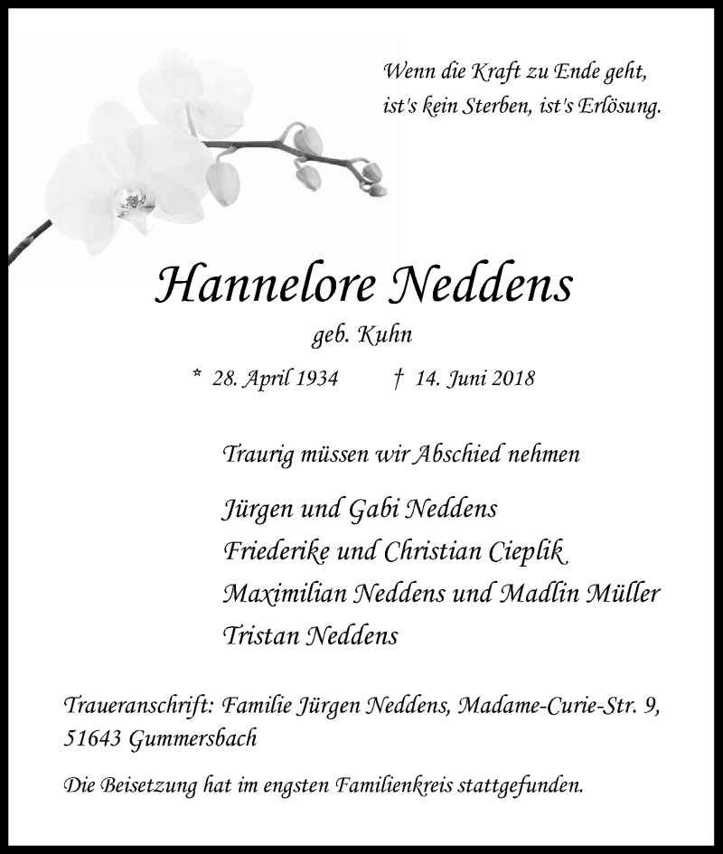  Traueranzeige für Hannelore Neddens vom 30.06.2018 aus Kölner Stadt-Anzeiger / Kölnische Rundschau / Express