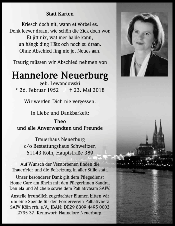 Anzeige von Hannelore Neuerburg von Kölner Stadt-Anzeiger / Kölnische Rundschau / Express