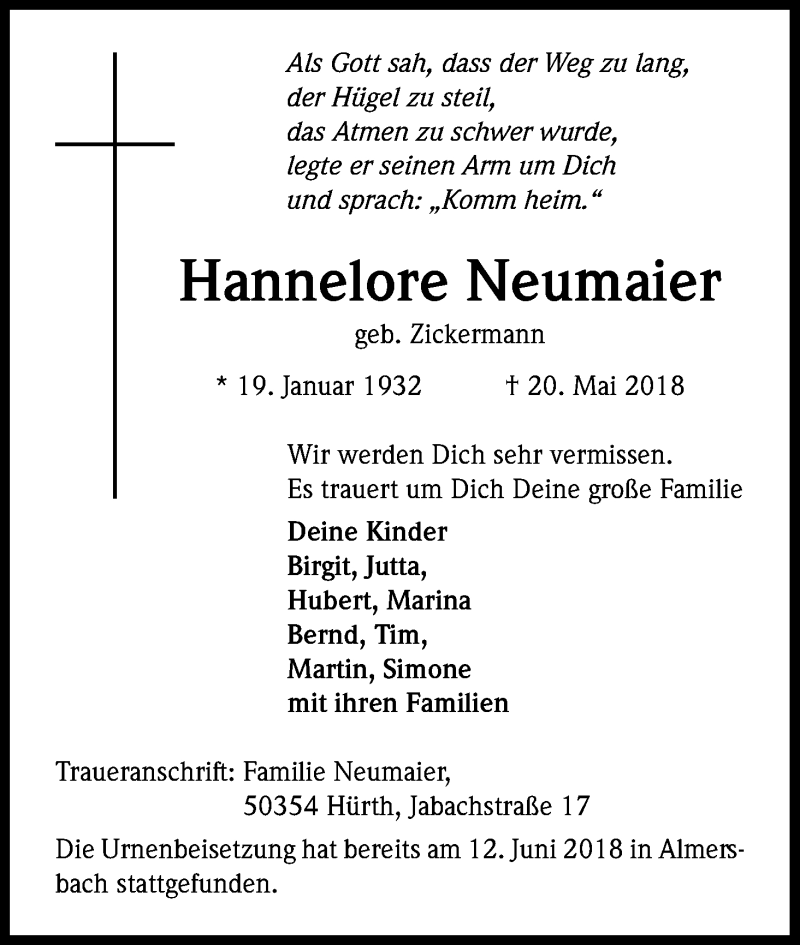  Traueranzeige für Hannelore Neumaier vom 16.06.2018 aus Kölner Stadt-Anzeiger / Kölnische Rundschau / Express