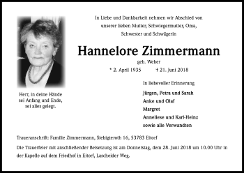 Anzeige von Hannelore Zimmermann von Kölner Stadt-Anzeiger / Kölnische Rundschau / Express
