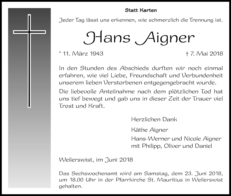  Traueranzeige für Hans Aigner vom 16.06.2018 aus Kölner Stadt-Anzeiger / Kölnische Rundschau / Express
