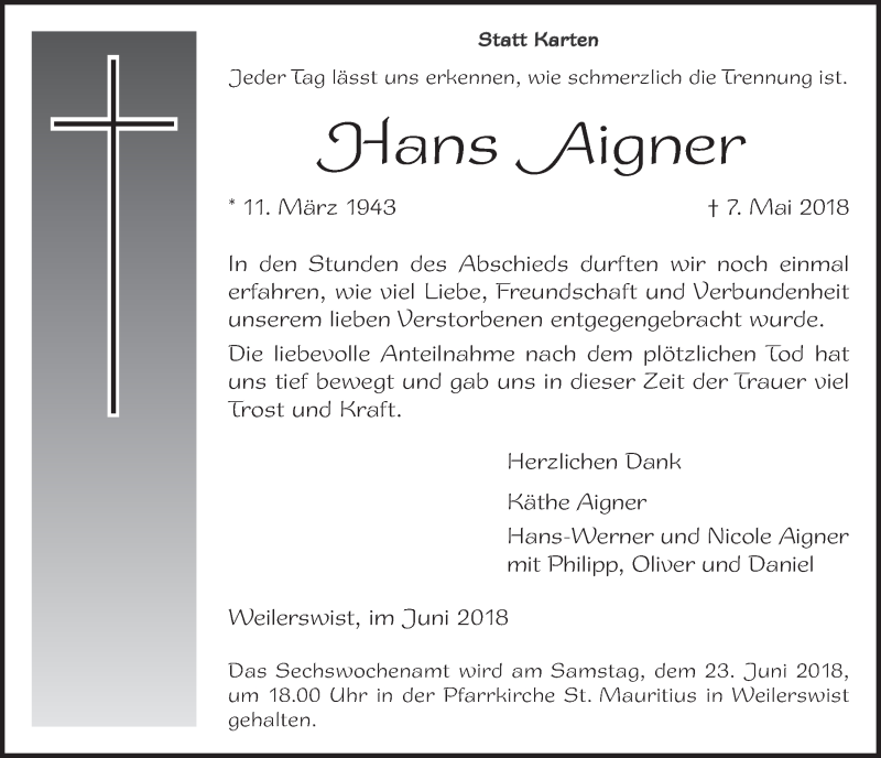 Traueranzeige für Hans Aigner vom 16.06.2018 aus  Blickpunkt Euskirchen 