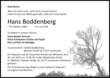 Anzeige von Hans Boddenberg von Kölner Stadt-Anzeiger / Kölnische Rundschau / Express