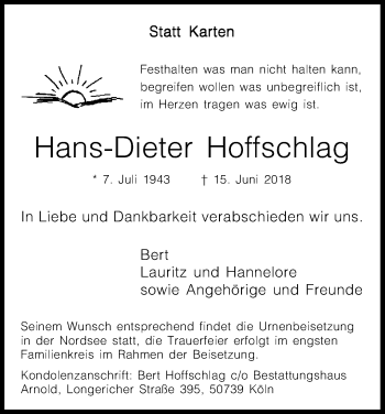 Anzeige von Hans-Dieter Hoffschlag von Kölner Stadt-Anzeiger / Kölnische Rundschau / Express
