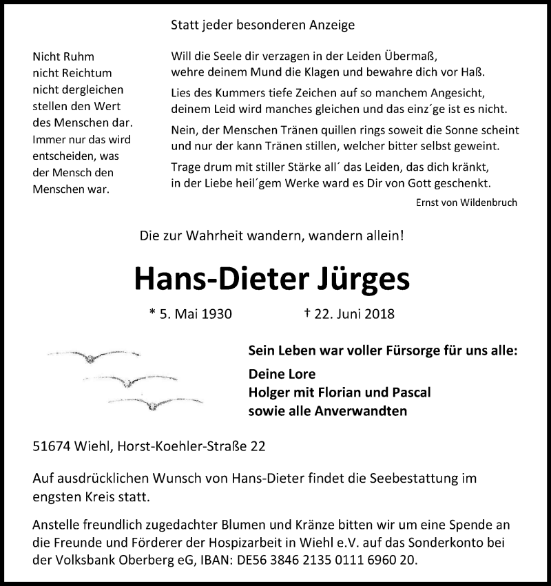  Traueranzeige für Hans-Dieter Jürges vom 27.06.2018 aus Kölner Stadt-Anzeiger / Kölnische Rundschau / Express