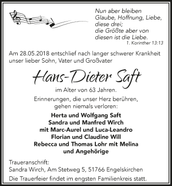 Anzeige von Hans-Dieter Saft von  Anzeigen Echo 