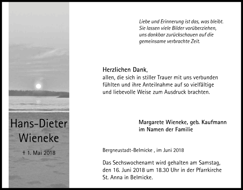  Traueranzeige für Hans-Dieter Wieneke vom 09.06.2018 aus Kölner Stadt-Anzeiger / Kölnische Rundschau / Express