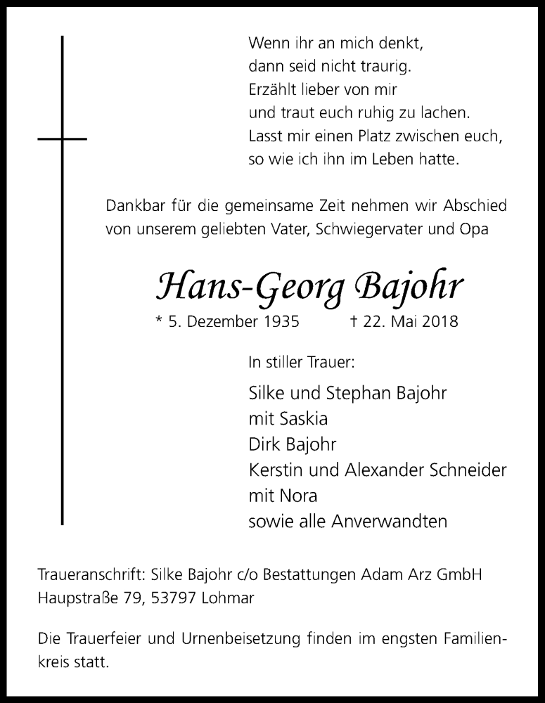  Traueranzeige für Hans-Georg Bajohr vom 02.06.2018 aus Kölner Stadt-Anzeiger / Kölnische Rundschau / Express
