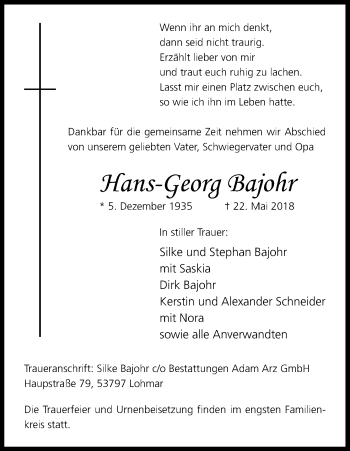 Anzeige von Hans-Georg Bajohr von Kölner Stadt-Anzeiger / Kölnische Rundschau / Express