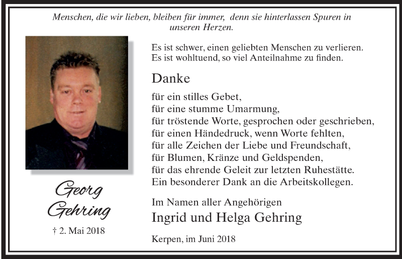  Traueranzeige für Hans-Georg Gehring vom 23.06.2018 aus  Sonntags-Post 