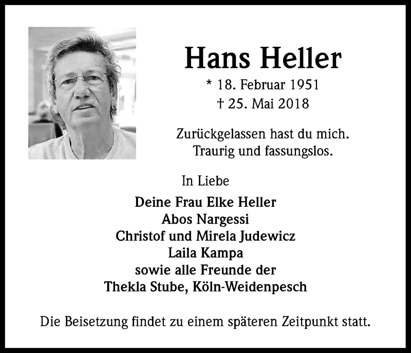 Traueranzeige für Hans Heller vom 02.06.2018 aus Kölner Stadt-Anzeiger / Kölnische Rundschau / Express