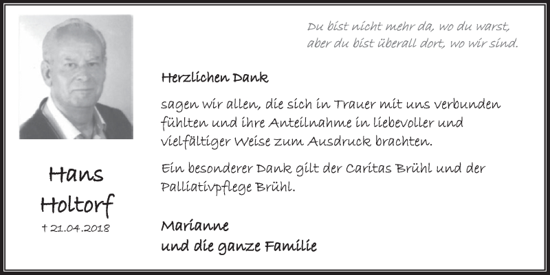  Traueranzeige für Hans Holtorf vom 27.06.2018 aus  Schlossbote/Werbekurier 
