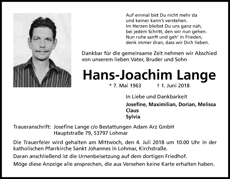  Traueranzeige für Hans-Joachim Lange vom 23.06.2018 aus Kölner Stadt-Anzeiger / Kölnische Rundschau / Express