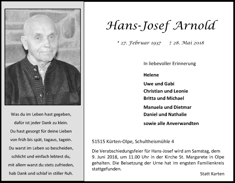  Traueranzeige für Hans-Josef Arnold vom 05.06.2018 aus Kölner Stadt-Anzeiger / Kölnische Rundschau / Express