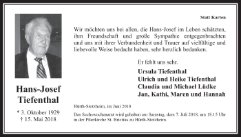 Anzeige von Hans-Josef Tiefenthal von  Wochenende 