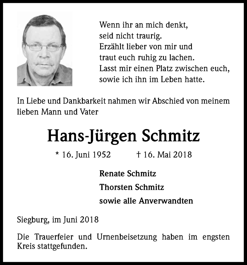  Traueranzeige für Hans-Jürgen Schmitz vom 02.06.2018 aus Kölner Stadt-Anzeiger / Kölnische Rundschau / Express