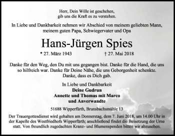 Anzeige von Hans-Jürgen Spies von Kölner Stadt-Anzeiger / Kölnische Rundschau / Express