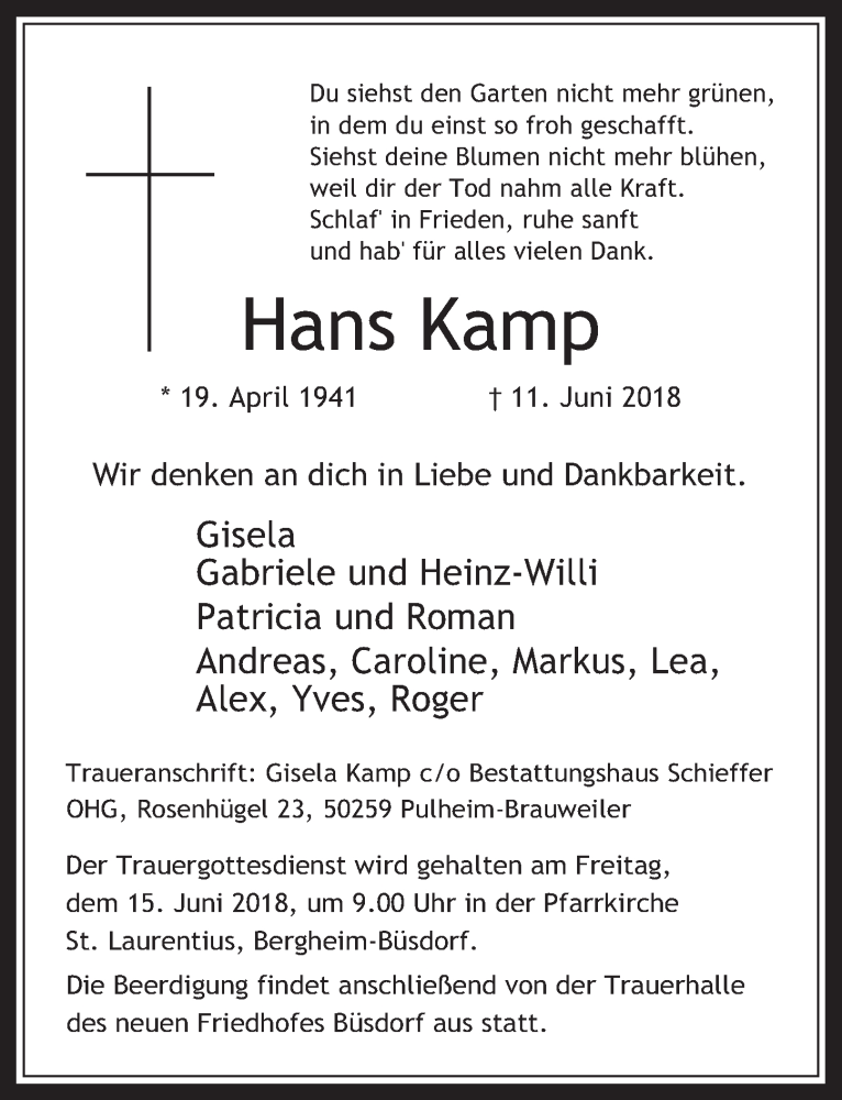  Traueranzeige für Hans Kamp vom 13.06.2018 aus  Werbepost 