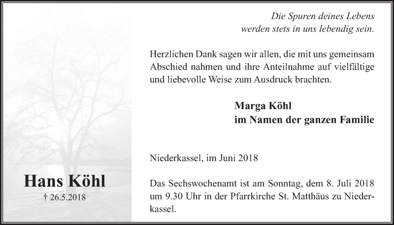  Traueranzeige für Hans Köhl vom 27.06.2018 aus  Extra Blatt 