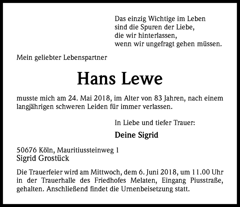  Traueranzeige für Hans Lewe vom 02.06.2018 aus Kölner Stadt-Anzeiger / Kölnische Rundschau / Express