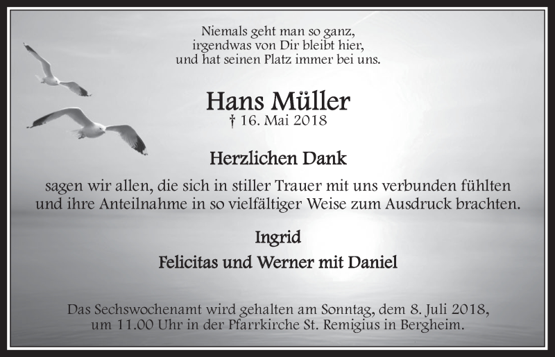  Traueranzeige für Hans Müller vom 27.06.2018 aus  Werbepost 