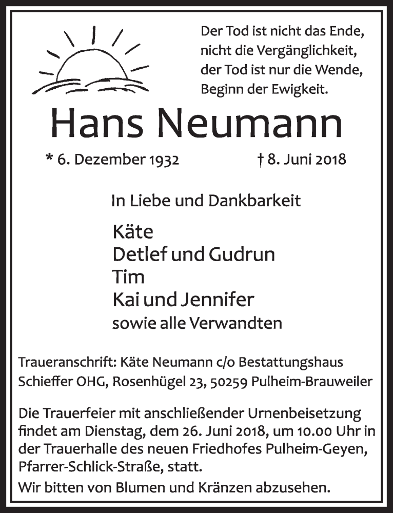  Traueranzeige für Hans Neumann vom 23.06.2018 aus  Sonntags-Post 