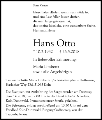 Anzeige von Hans Otto von Kölner Stadt-Anzeiger / Kölnische Rundschau / Express