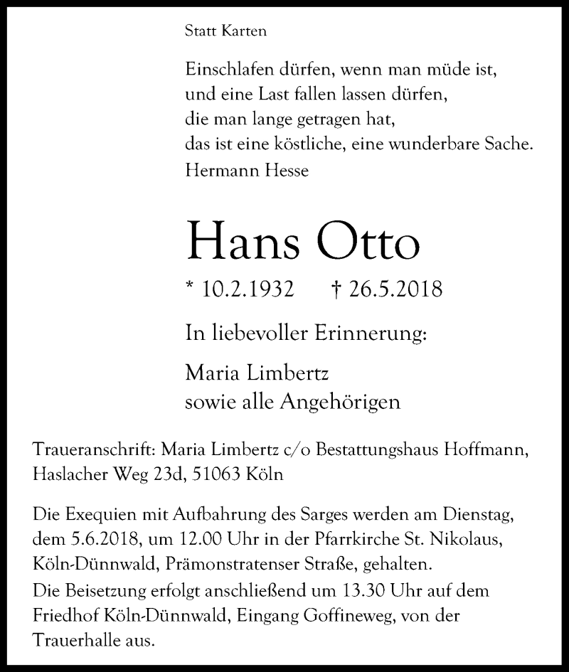  Traueranzeige für Hans Otto vom 02.06.2018 aus Kölner Stadt-Anzeiger / Kölnische Rundschau / Express