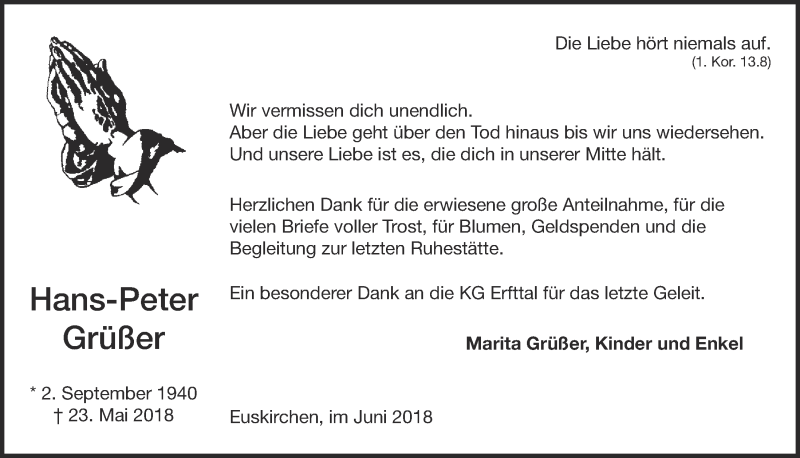 Traueranzeige für Hans-Peter Grüßer vom 30.06.2018 aus  Blickpunkt Euskirchen 
