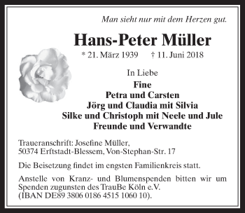 Anzeige von Hans-Peter Müller von  Werbepost 