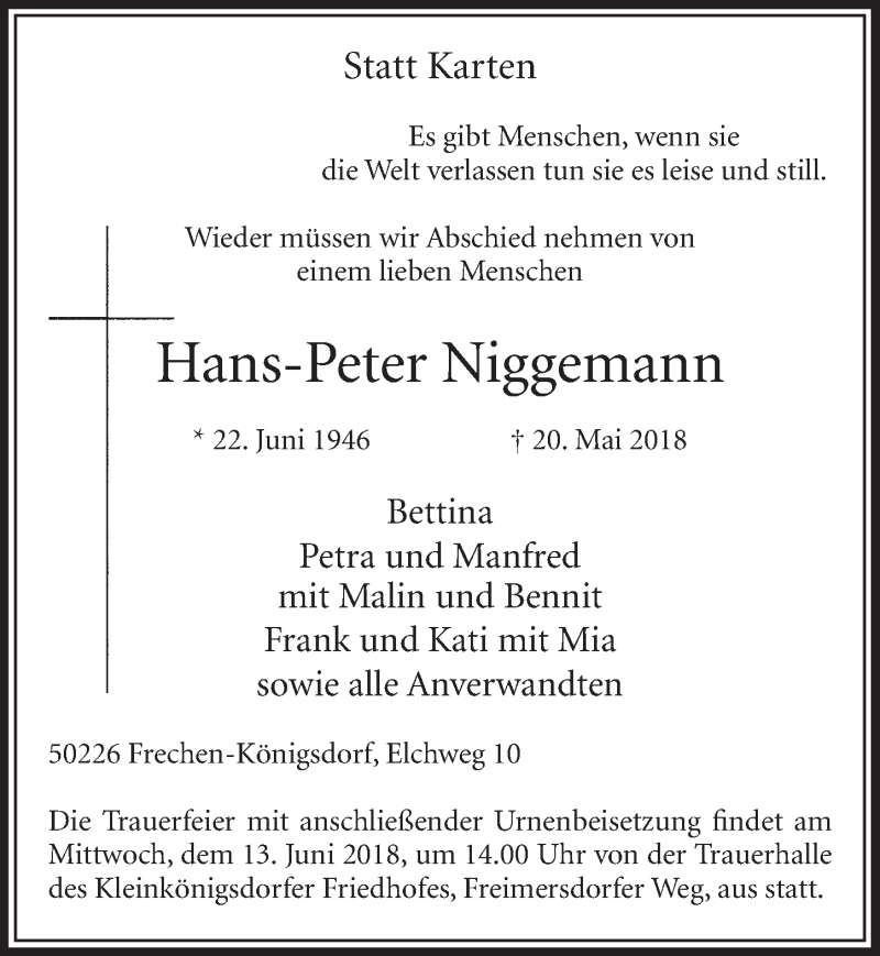  Traueranzeige für Hans-Peter Niggemann vom 02.06.2018 aus  Sonntags-Post 