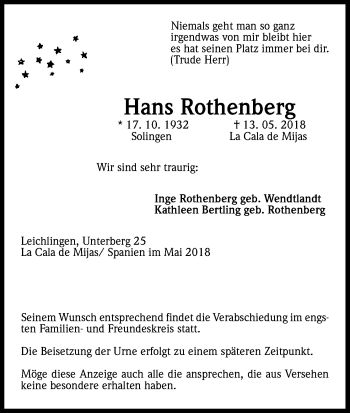 Anzeige von Hans Rothenberg von Kölner Stadt-Anzeiger / Kölnische Rundschau / Express