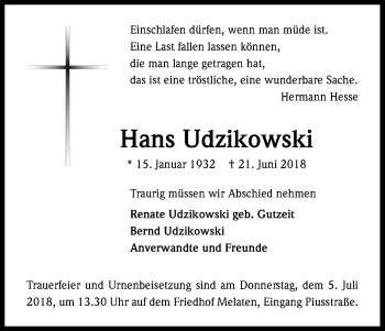 Anzeige von Hans Udzikowski von Kölner Stadt-Anzeiger / Kölnische Rundschau / Express