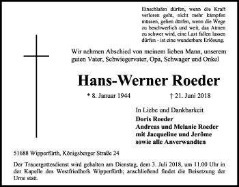 Anzeige von Hans-Werner Roeder von Kölner Stadt-Anzeiger / Kölnische Rundschau / Express