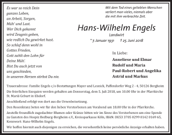 Anzeige von Hans-Wilhelm Engels von  Sonntags-Post 