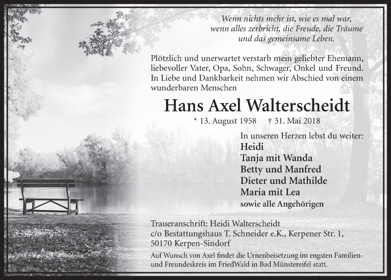  Traueranzeige für Hans Axel Walterscheidt vom 09.06.2018 aus  Sonntags-Post 