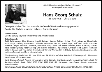 Anzeige von Hans Georg Schulz von Kölner Stadt-Anzeiger / Kölnische Rundschau / Express