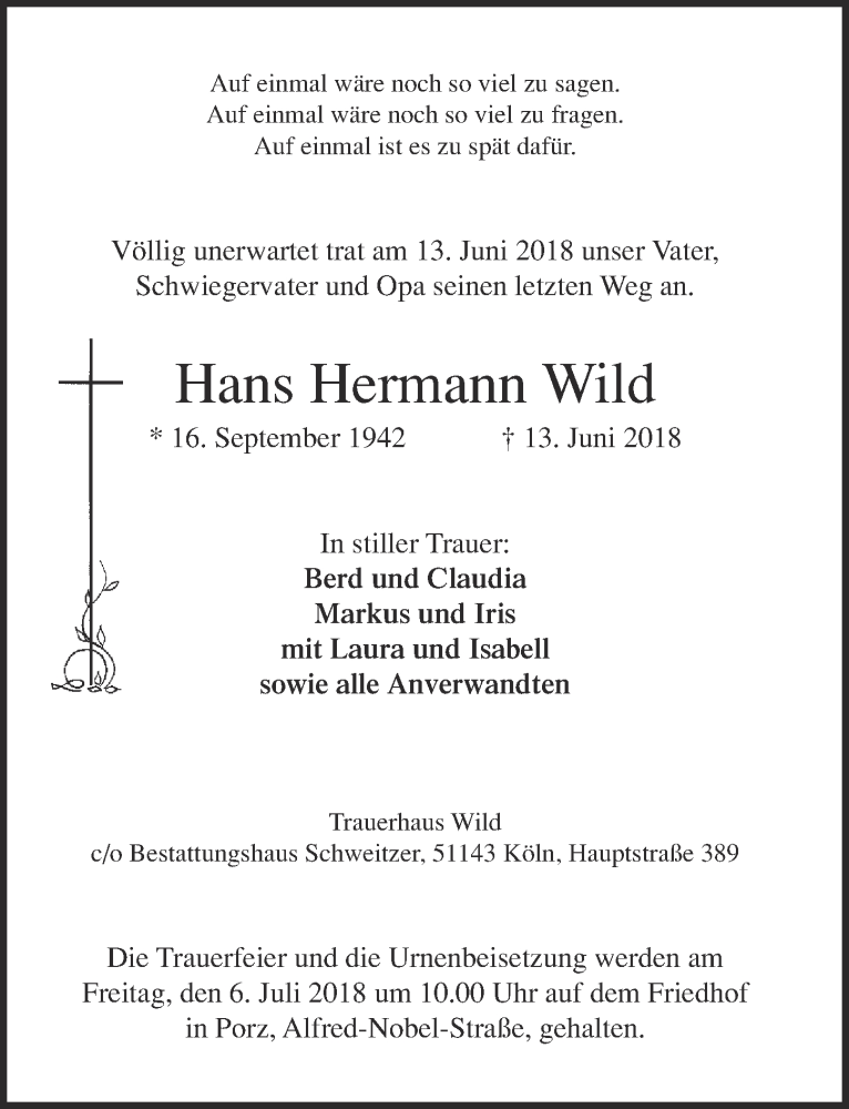  Traueranzeige für Hans Hermann Wild vom 27.06.2018 aus  Kölner Wochenspiegel 