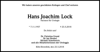 Anzeige von Hans Joachim Lock von Kölner Stadt-Anzeiger / Kölnische Rundschau / Express