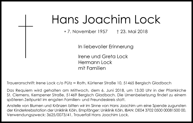  Traueranzeige für Hans Joachim Lock vom 02.06.2018 aus Kölner Stadt-Anzeiger / Kölnische Rundschau / Express
