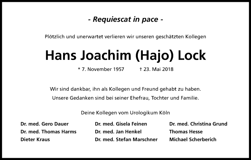  Traueranzeige für Hans Joachim Lock vom 02.06.2018 aus Kölner Stadt-Anzeiger / Kölnische Rundschau / Express