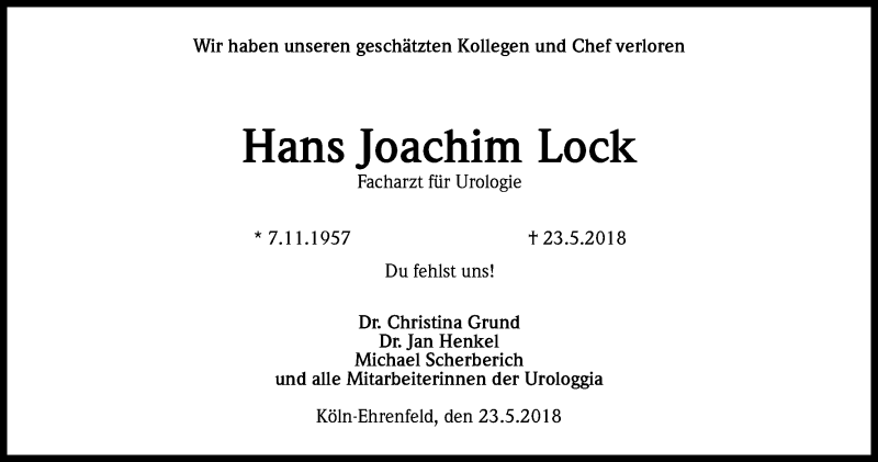  Traueranzeige für Hans Joachim Lock vom 02.06.2018 aus Kölner Stadt-Anzeiger / Kölnische Rundschau / Express